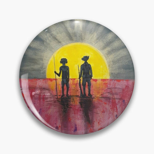 Original painting of a rising sun which is an abstract version of the Aboriginal flag with the silhouette of an Aboriginal holding a spear and a soldier holding a gun surrounded by red poppies on a round unisex pin