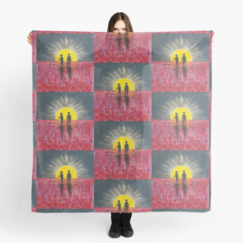 Original painting of a rising sun which is an abstract version of the Aboriginal flag with the silhouette of an Aboriginal holding a spear and a soldier holding a gun surrounded by red poppies on a large square 140 x 140 scarf / wrap / shawl