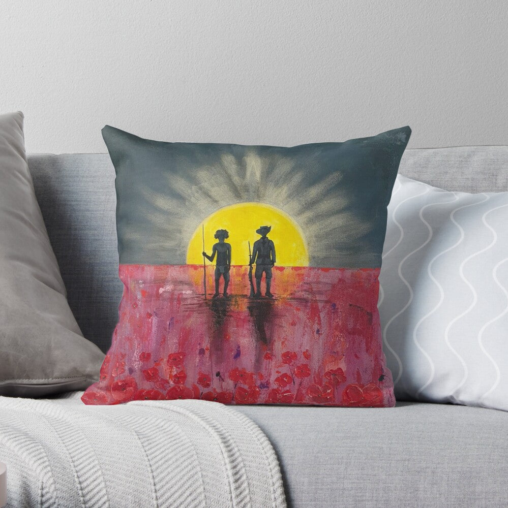 Original painting of a rising sun which is an abstract version of the Aboriginal flag with the silhouette of an Aboriginal holding a spear and a soldier holding a gun surrounded by red poppies on a 40 x 40cm cushion cover